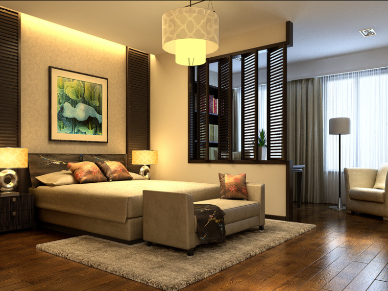 新中式卧室沙发资料下载-新中式卧室3D模型下载