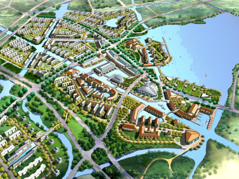 河流生态修复总体设计资料下载-[上海]中信朱家角新镇概念性总体规划（现代，水镇）