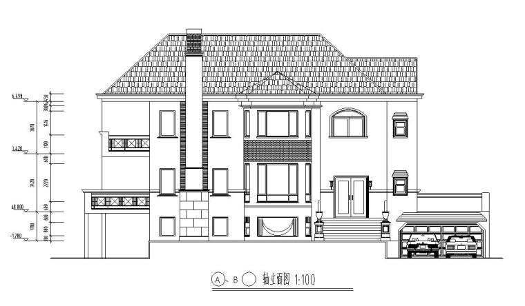 单家独院式别墅建筑设计（包含效果图+CAD）-轴立面图