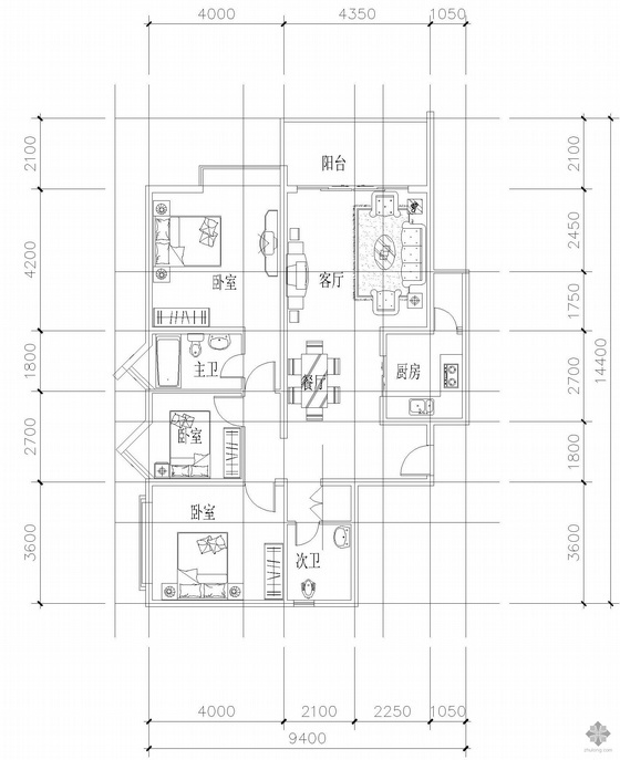 24层三室户型资料下载-板式多层单户三室二厅二卫户型图(115)
