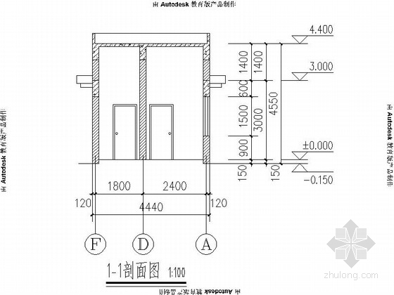 [浙江]单层企业传达室及大门建筑设计施工图（32平方米 含结构、电气施工图）-单层企业传达室及大门建筑剖面图 