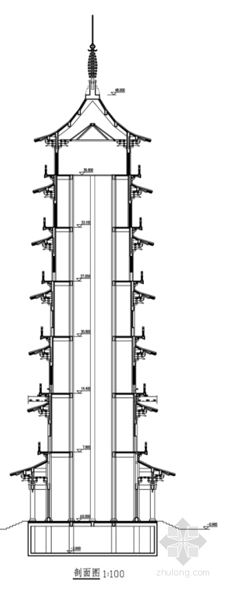 [浙江]仿古七层八角重檐古塔设计方案文本（多个方案）-仿古七层八角重檐古塔剖面图