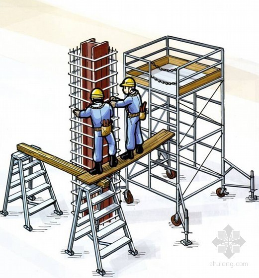 建筑工程安全施工危险预知训练图例集（杂工 模板木工 钢筋）-在架设在三脚架和移动作业平台上的跳板上进行箍筋作业 