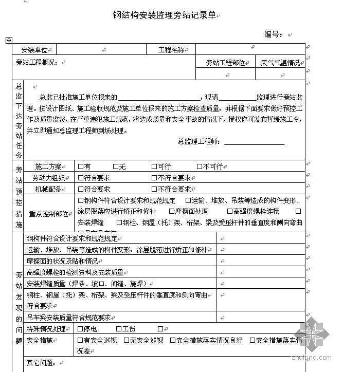 钢结构施工记录范本资料下载-上海某厂房钢结构施工监理检查记录表式