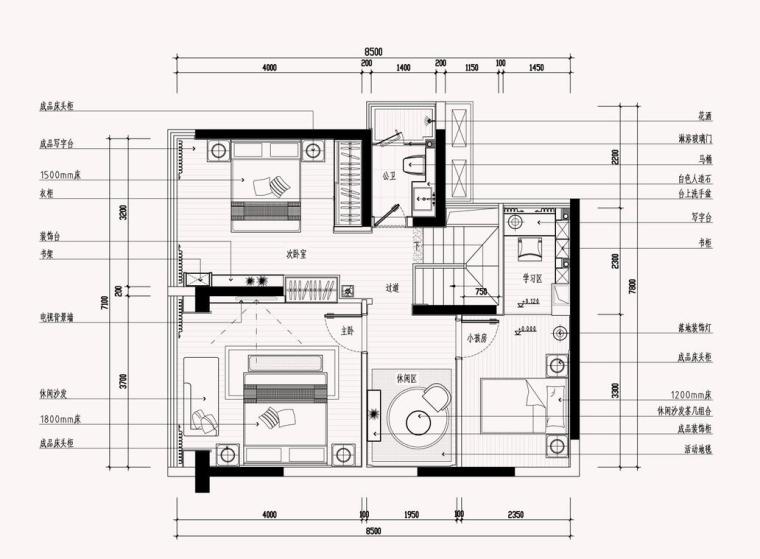 [浙江]现代风格样板房室内施工图设计（效果图+CAD）-二层平面布置图