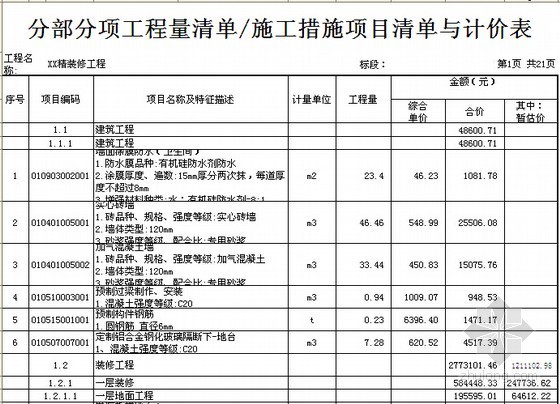 [湖南]2015年办公楼室内装修改造工程量清单控制价及招标文件(含施工图纸)-分部分项工程量清单、施工措施项目清单与计价表 