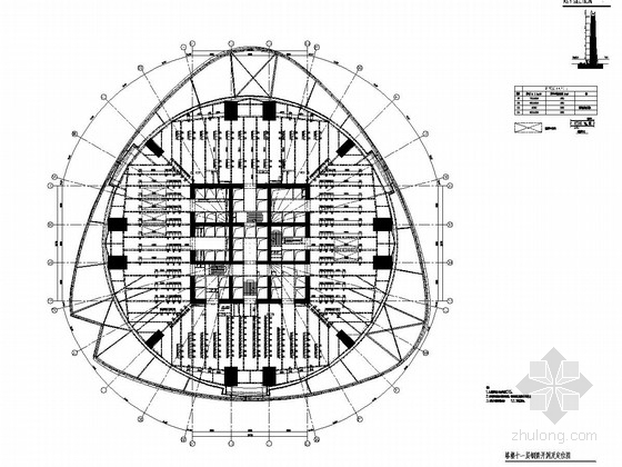 632米巨型框架核心筒外伸臂结构金融大厦结构施工图（CAD、700张）-塔楼十一层钢梁开洞及定位图 