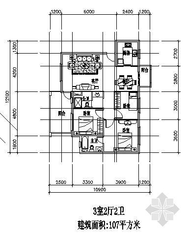 三室两厅两卫cad户型图资料下载-三室两厅一厨两卫107平方米