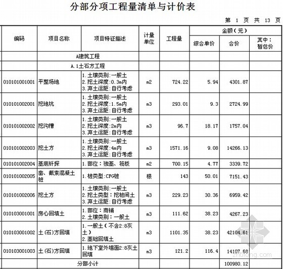 11层框剪结构住宅楼工程量清单报价（含图纸、钢筋、图形、清单计价全套）- 