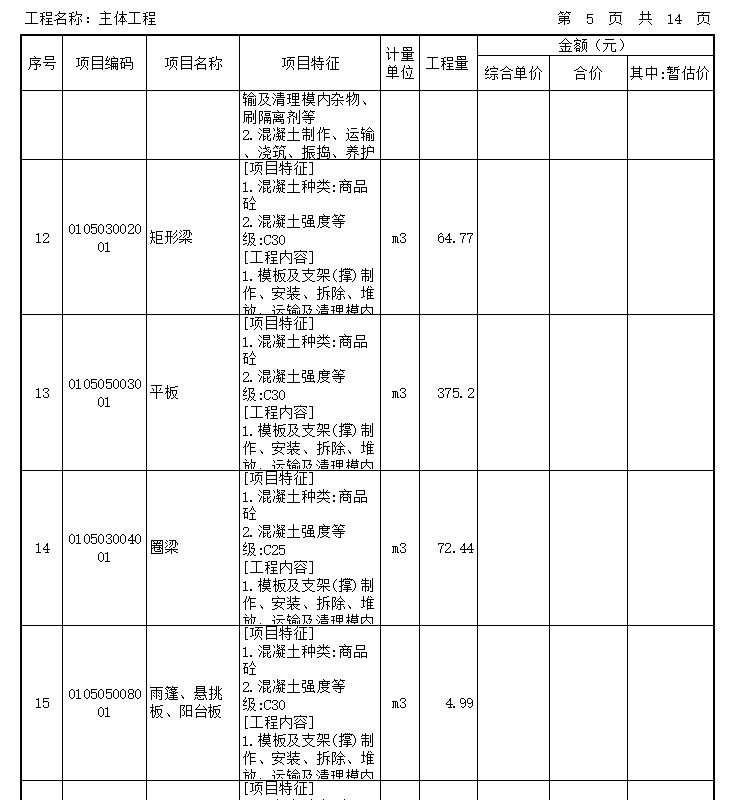 [重庆]文化街还房建设项目工程预算-分部分项工程量清单计价表（ 主体 工程）