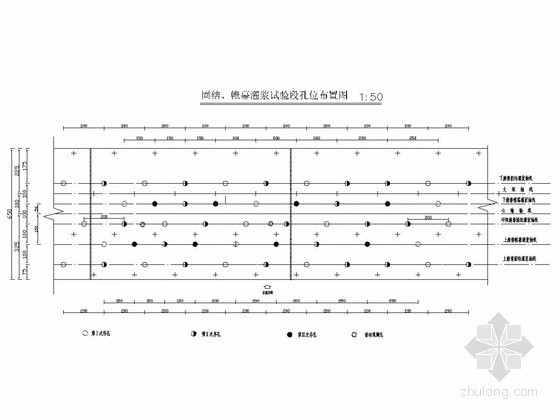 [四川]沥青混凝土心墙碾压石渣坝施工方案-固结、帷幕灌浆实验段孔位布置图 