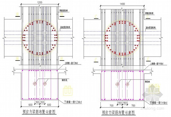 [四川]航站楼工程预应力施工方案（后张法有粘结预应力）-预应力梁筋布置示意图 