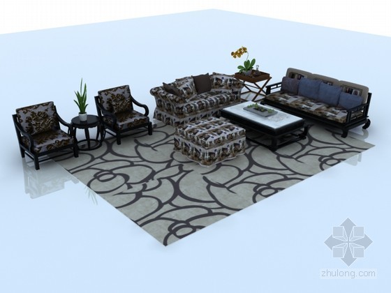 中式茶几3D模型资料下载-现代中式沙发茶几3D模型下载