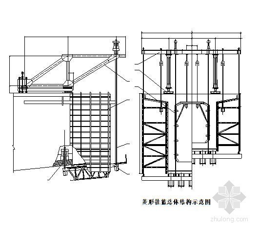 [广东]新建铁路站前工程实施性施工组织设计349页（路桥涵隧 附图丰富）-菱形挂篮总体结构示意图 