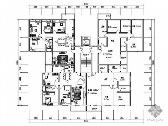 18层一梯四户住宅户型图资料下载-塔式高层一梯四户型图（166/129）