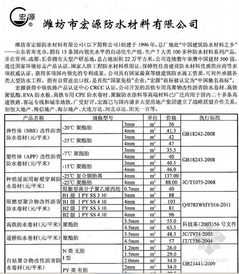 广东防水材料报价资料下载-2013年第4季度各类防水材料厂商报价