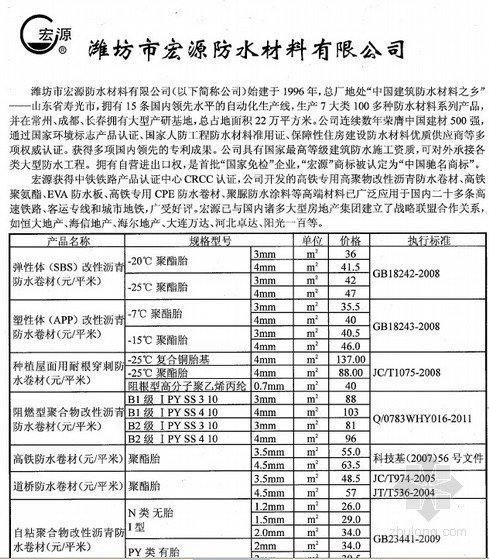 防水材料信息造价资料下载-2013年第4季度各类防水材料厂商报价