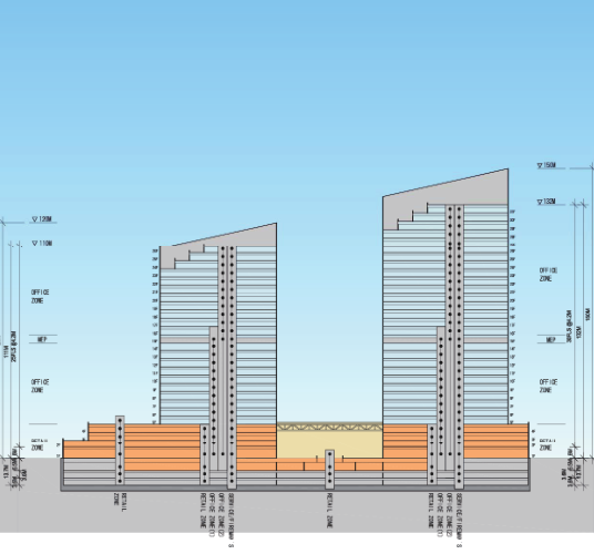 [北京]绿地集团超高层办公商务中心规划设计（含模型、CAD文件）-629地块方案一剖面图