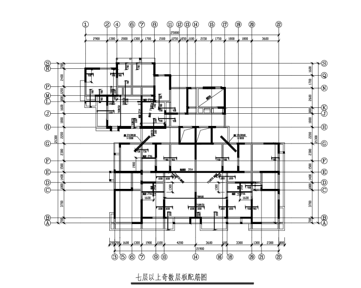 18层含地下室剪力墙结构住宅楼结构施工图（CAD、30张）-七层以上奇数层板配筋图