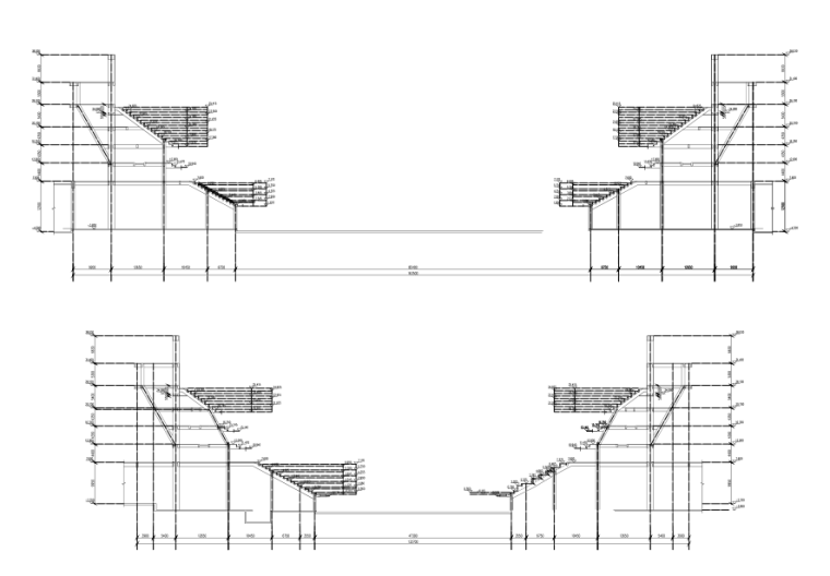 6层框剪结构特大型体育馆建筑结构施工图-纵横剖面示意图