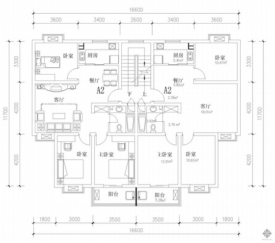 一电两户户型资料下载-板式多层一梯两户户型图(97/97)