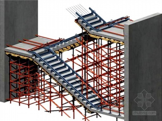 [北京]框剪科研楼施工组织设计（双层呼吸幕墙 长城杯）-楼梯模板支设三维示意图 