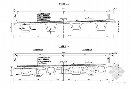 连续板横断面资料下载-预应力混凝土连续箱梁(斜交)典型横断面节点详图设计