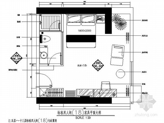 旧房室内改造施工图资料下载-标准双人客房室内施工图