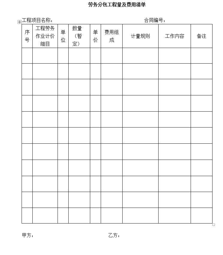 房屋建筑工程劳务分包合同-4、劳务分包工程量及费用清单