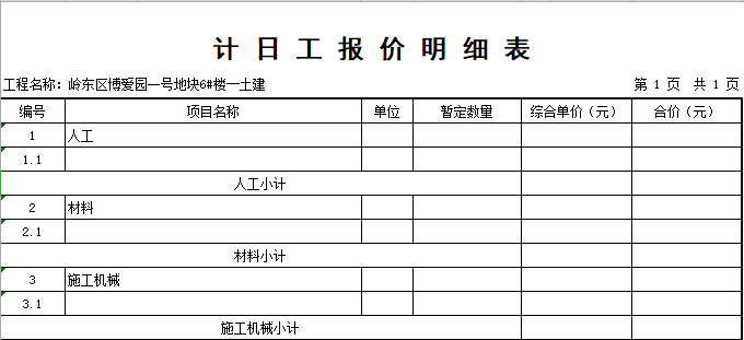 建筑工程概预算课程设计样本-投标报价-计 日 工 报 价 明 细 表