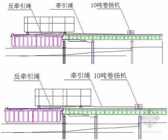 斜拉桥浅滩潮位变动区钢箱梁平移卸船施工工法-梁段滑移示意图 