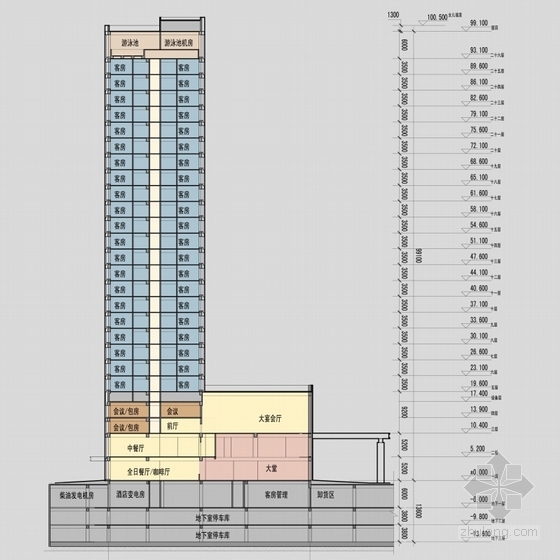 [天津]现代高层豪华商务酒店建筑方案扩初设计文本-现代高层豪华商务酒店剖面图