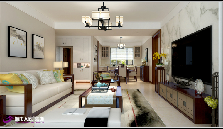 新中式风格居住室内设计资料下载-财富壹号三居室装修新中式风格
