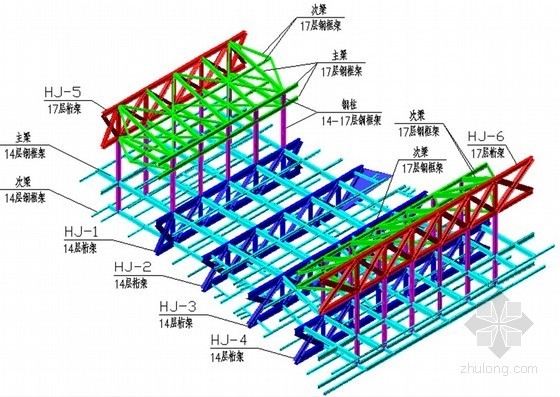 [天津]大跨度门式钢桁架整体提升施工技术（附图丰富）-外露部分钢桁架与钢框架三维示意图 