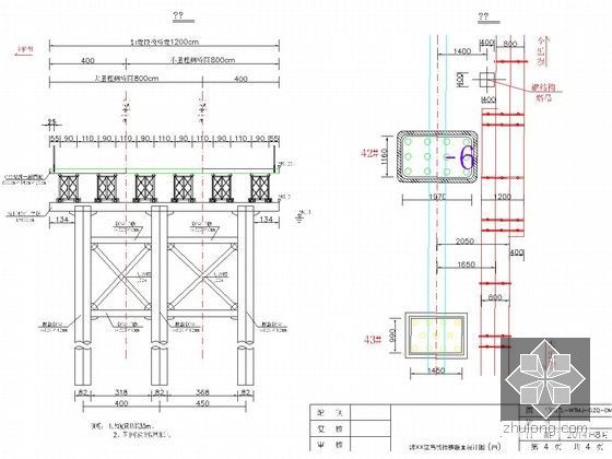 [四川]跨江大桥超大直径桩基超大承台高39m水中墩施工方案附CAD图（围堰栈桥）-高栈桥横断面设计图