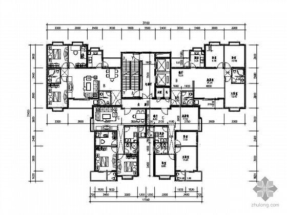 高层住宅100户型图资料下载-塔式高层一梯四北梯户型图（123/100）