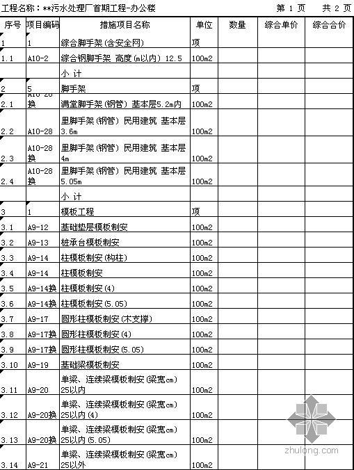 医院污水处理造价清单资料下载-广东某污水处理厂措施清单（不含基坑支护）.