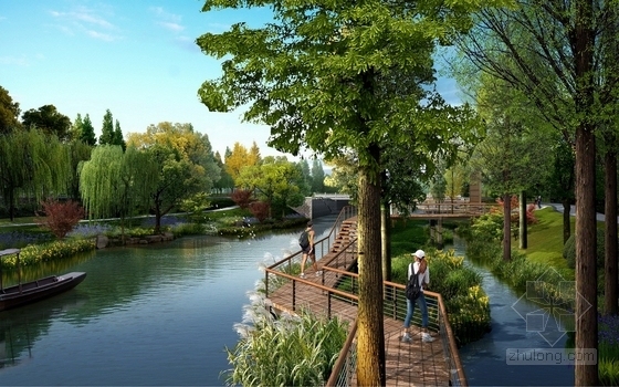 [杭州]河道整治工程深入景观方案设计（附CAD总平图及绿化设计施工图）-林中栈桥效果图