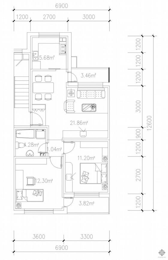 多层三室经典户型图资料下载-板式多层三室单户户型图(137)