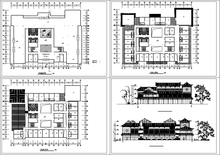 3套中式仿古建筑设计施工图CAD-仿古中式民居式客栈建筑设计施工图