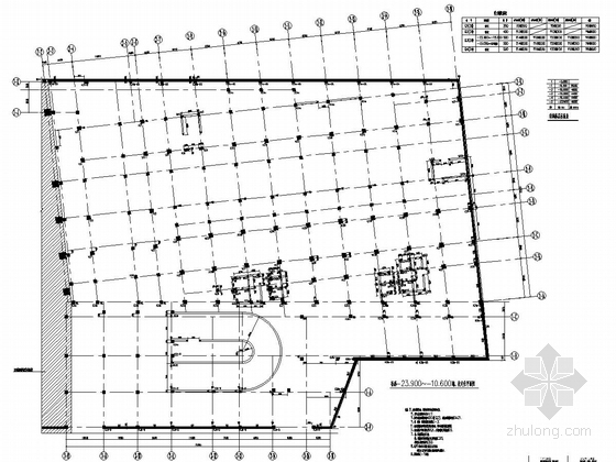 [贵州]40层钢筋混凝土框架核心筒结构综合大楼结构施工图（含屋顶花园，地下五层）-标高-23.900~-10.600墙、柱定位平面图