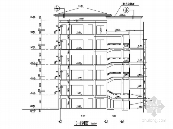 [江苏]六层框架结构瓦屋面县级中学教学综合楼建筑施工图-六层框架结构瓦屋面县级中学教学综合楼建筑剖面图