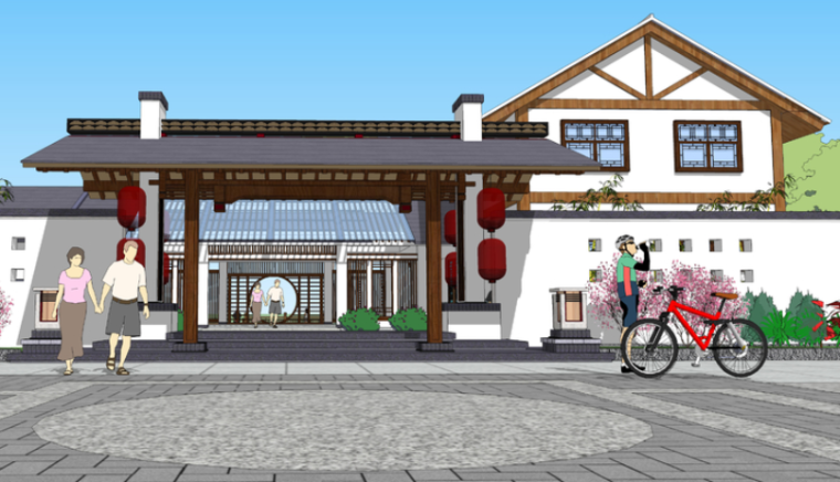 中式古建北京四合院资料下载-新中式风格古建驿站sketchup模型
