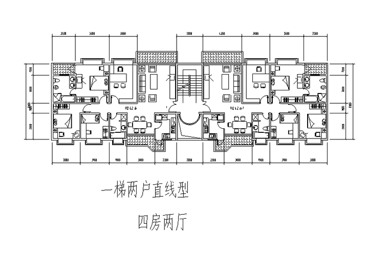 60种多层点式及塔式小高层户型平面图（60张）-一梯两户四房两厅平面图