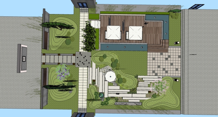中式酒店庭院景观SU模型——顶视图