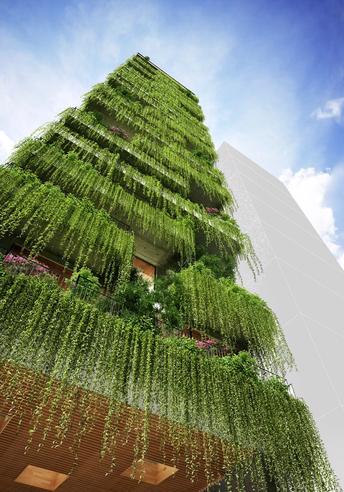绿植墙su模型资料下载-武重义在15米宽场地设计Chic-Land酒店, 129个阳台隐藏在绿植墙后