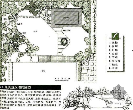 自由形态泳池的景观设计资料下载-兼具游泳池的庭院景观设计图