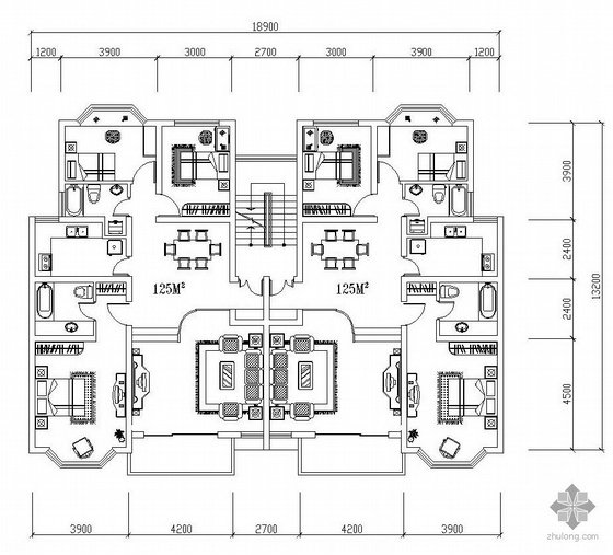 错层建筑户型资料下载-板式多层一梯二户错层三室二厅二卫户型图(124/124)
