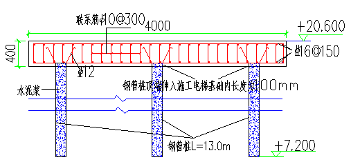 施工电梯基础施工方案(钢管桩、回顶、松木桩基础)-施工电梯基础剖面图