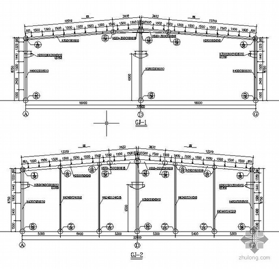 混凝土结构厂房带吊车资料下载-某2X16m跨混凝土柱（带吊车）钢屋面厂房结构图